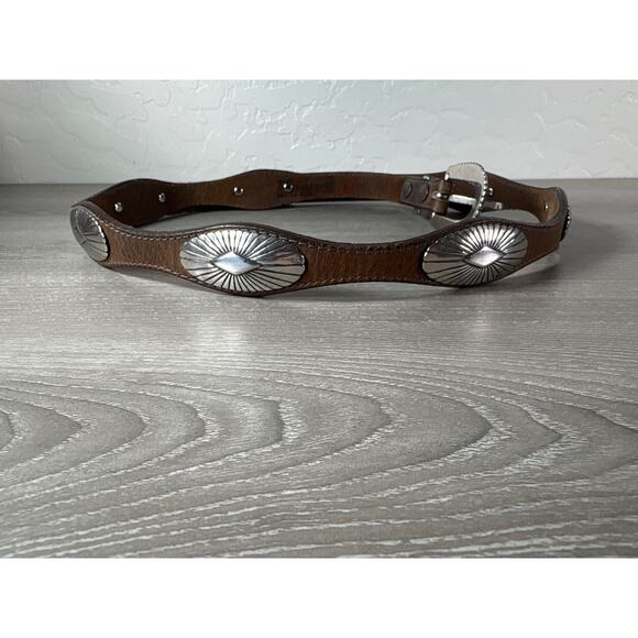 Justin Made in USA Brown Leather Belt Silver Tones Buckle and Concho Design 38” - Picture 4 of 7